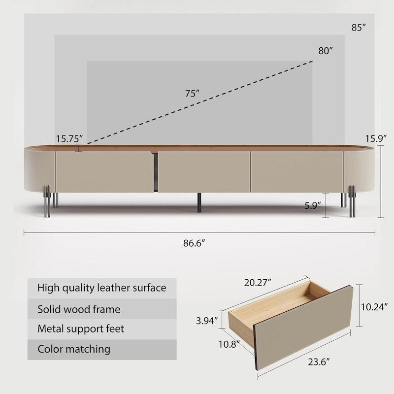 86.6 Leather TV Stand, Modern Entertainment Center with 3 Drawers