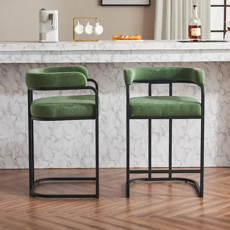 Fabric Upholstered Bar Stools Set of 2, Counter Height Bar Stools with Barrel Back, Dining Chair with Metal Frame and Arms