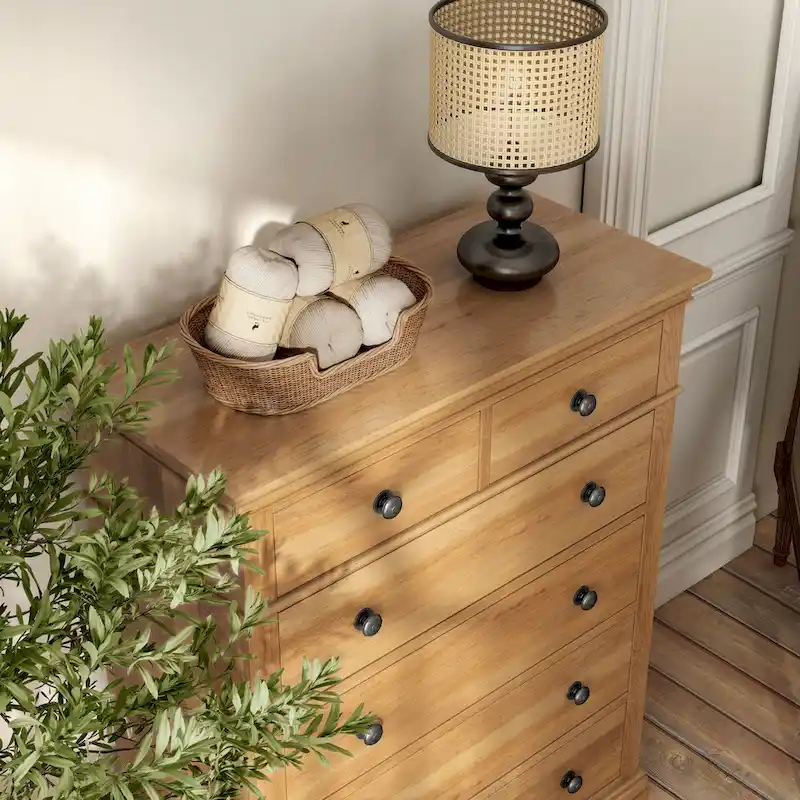 Farmhouse Natural Oak Wood 5-Drawer Chest