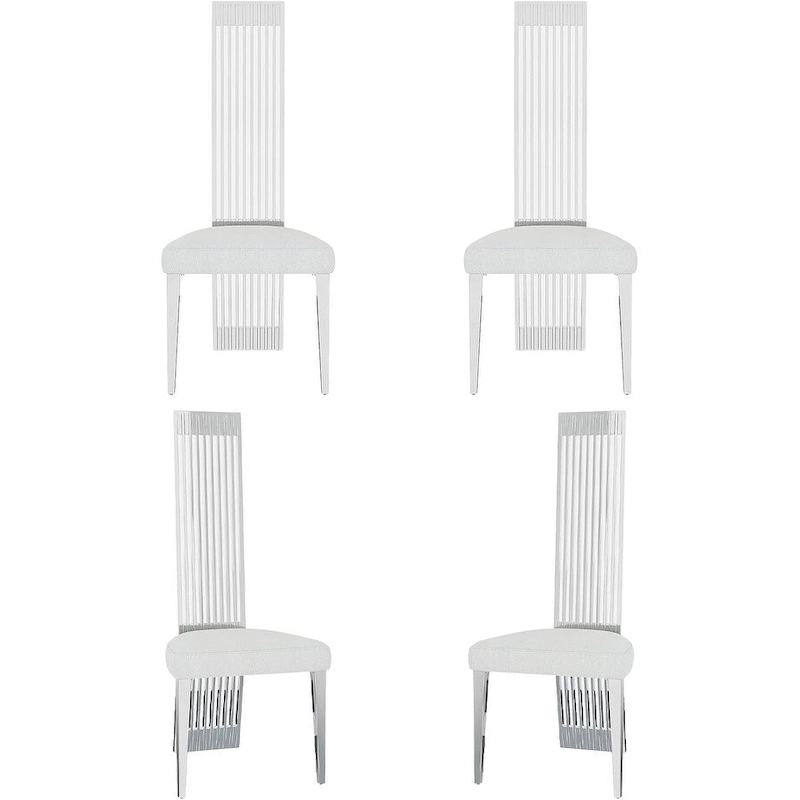 White Boucle and Silver Dining Chairs with Mirrored Silver Vertical Metal Tube Back