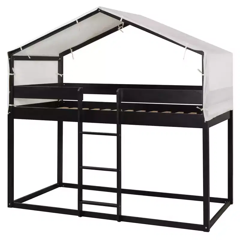 CLIHOME Rustic Twin Over Twin Wood Bunk Bed Frame with Tent and Ladder