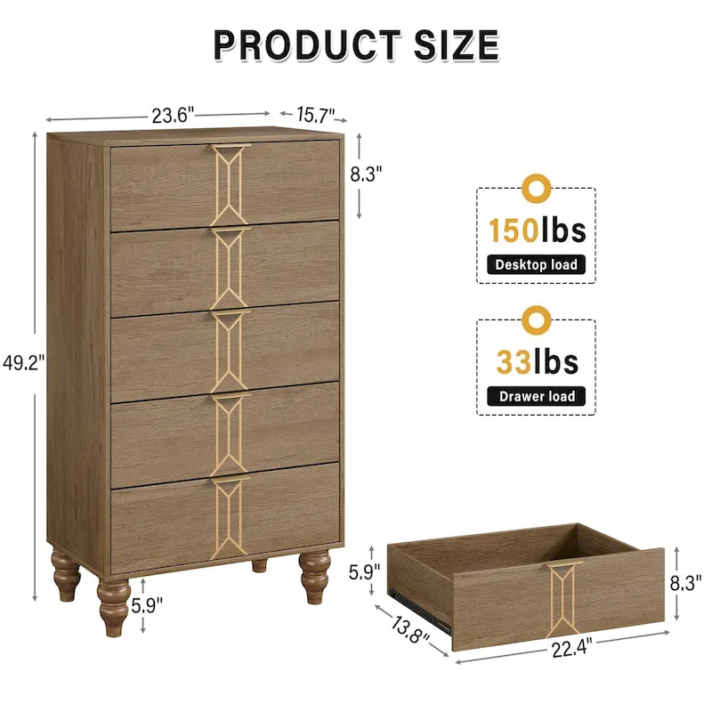 5-Drawer Wood Dresser with Metal Handles – Oak & Gold / Black & White, Single