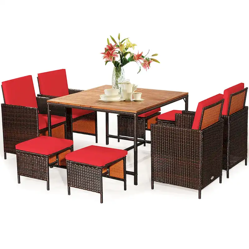 Costway 9PCS Patio Rattan Dining Set Cushioned Chairs Ottoman Wood - See Details