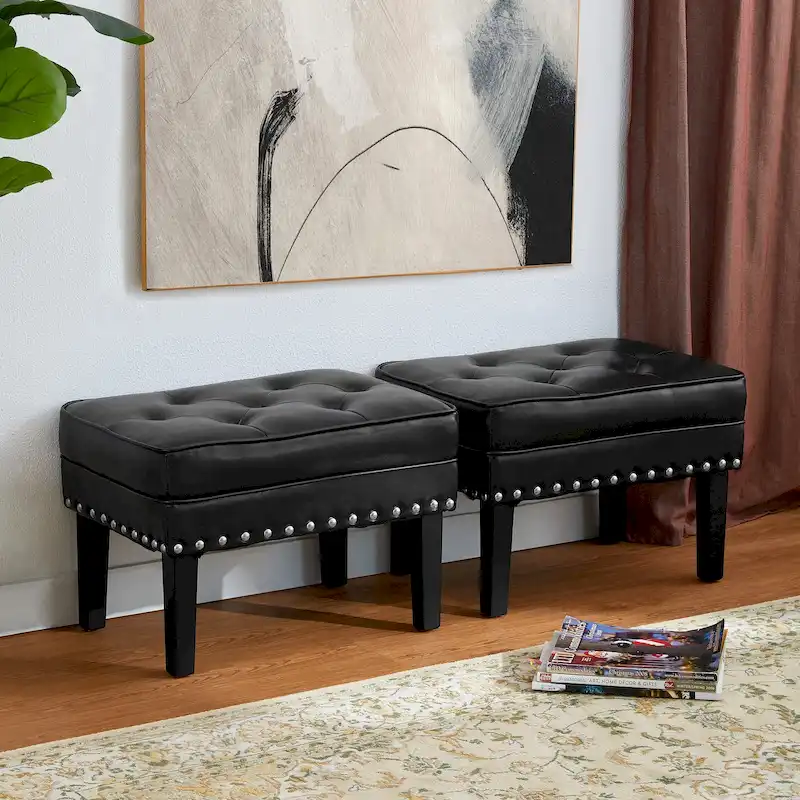 Glitzhome Set of 2 22W Leatherette Button-tufted Foot Stools Ottomans