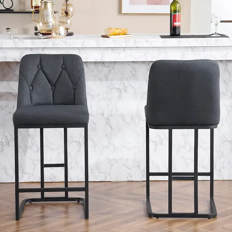 Upholstered Bar Stools Set of 2, Counter Height Bar Stools with Button-Tufted Backrest, Kitchen Island Chairs with Metal Frame