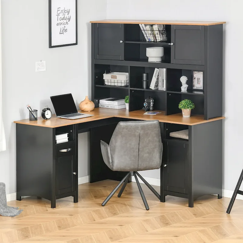 HOMCOM L-Shaped Corner Computer Desk with Hutch, Home Office Desk Study Workstation Table