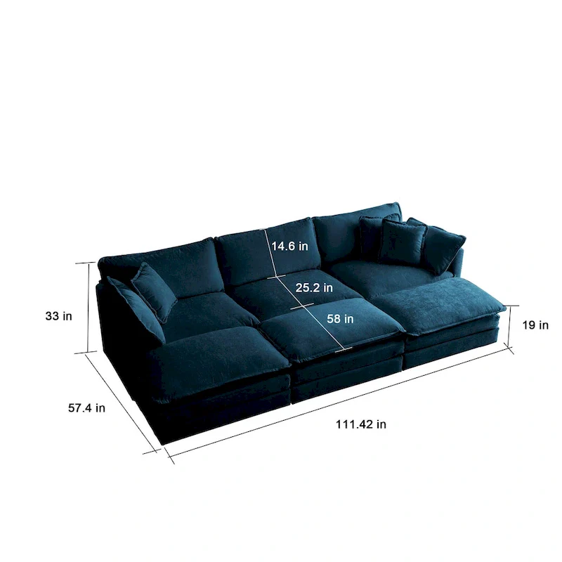 6-Seater U-Shape Sectional Sofa with 3 Ottomans and Pillows