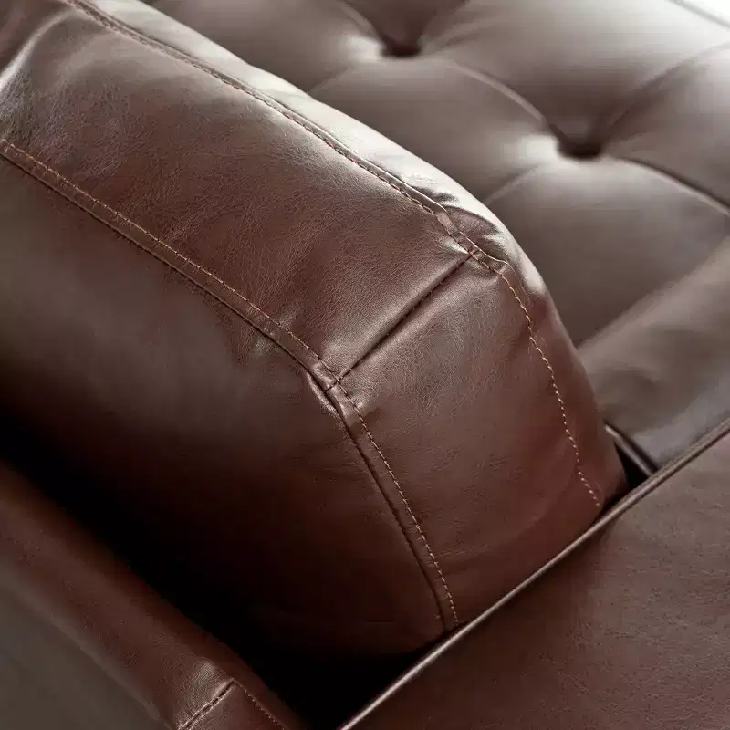 Whisen PU Leather 3-Seat Sofa, Mid-Century Modern Sofa Couch with Tufted Design, Solid Wood Legs, 2 Bolster Pillows