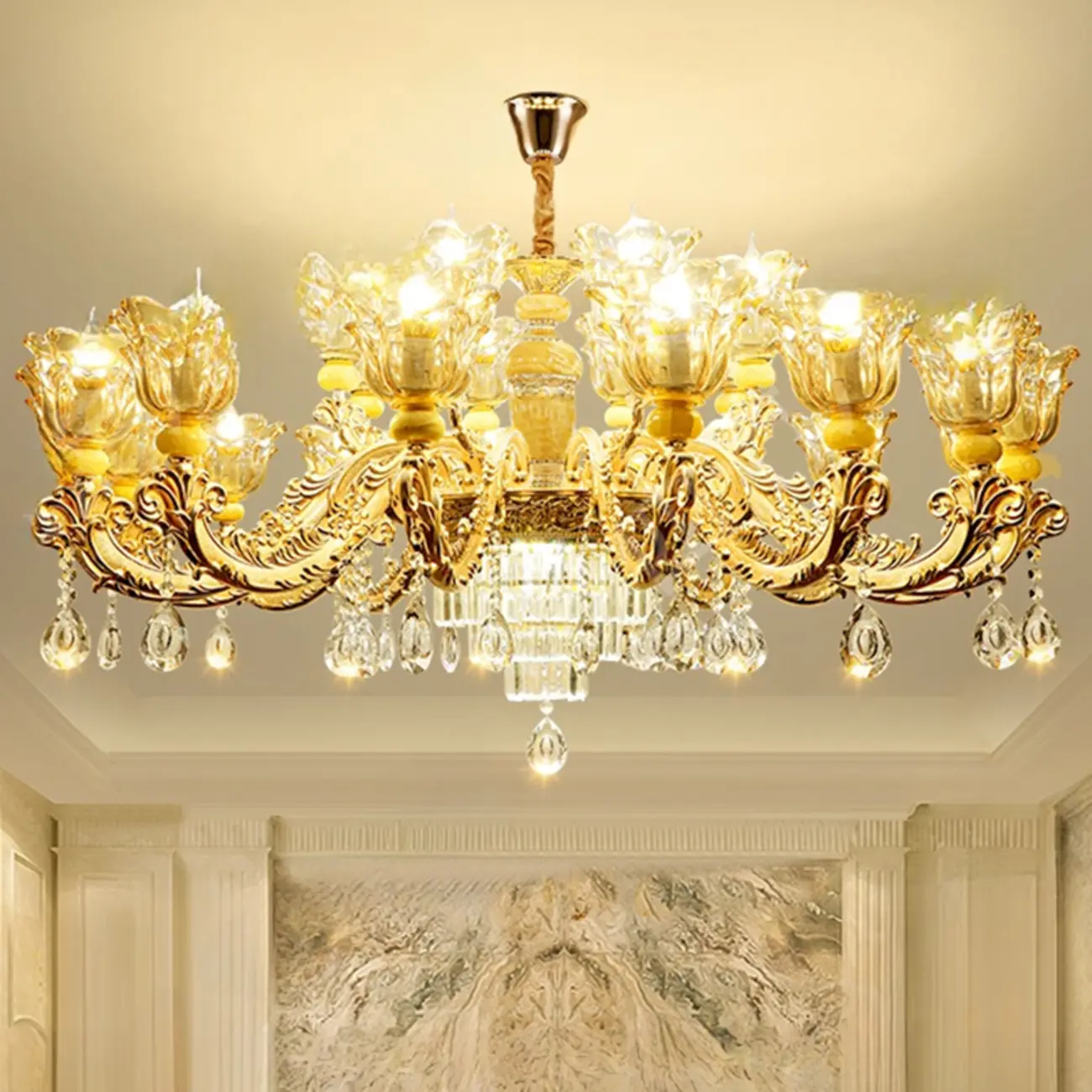 Adjustable Luxury Gold Flower Shape Clear Glass Chandelier