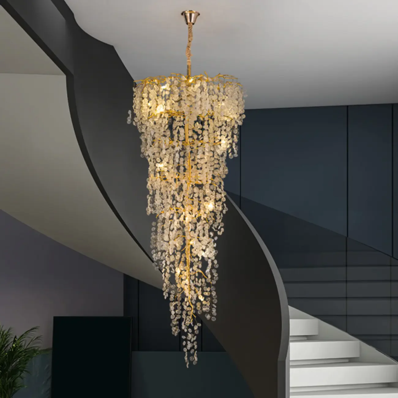 Elegant Gold Crystal Downfall Cascading Stairwell Chandelier