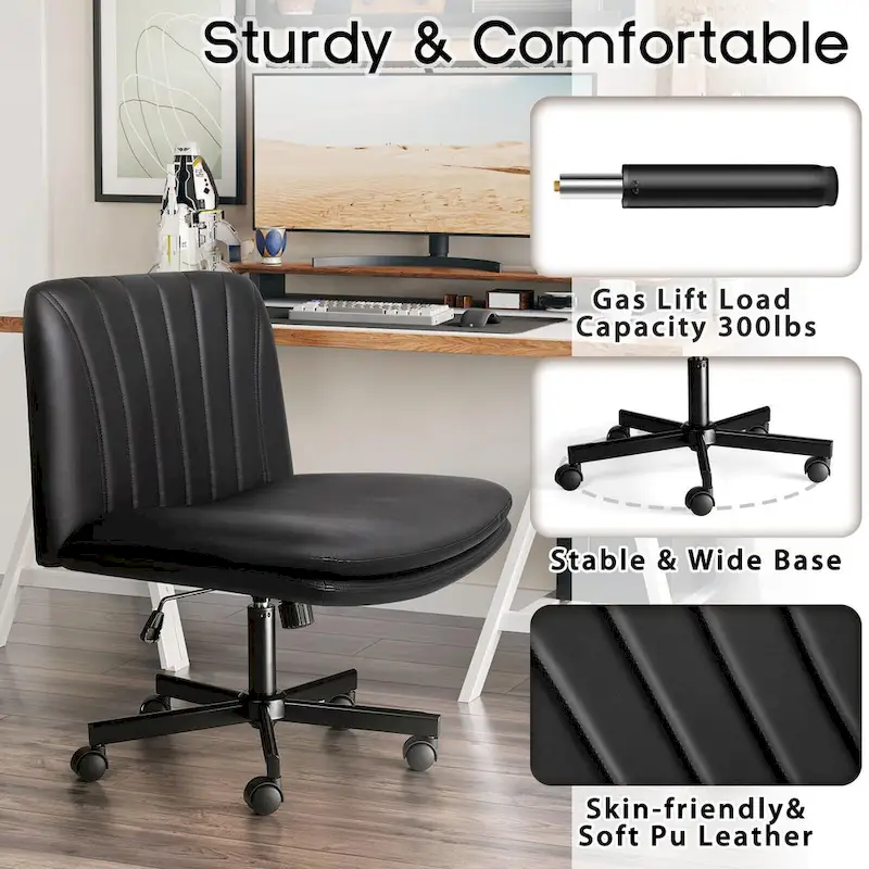 Bossin Criss Cross Chair with Wheels,PU Leather Armless Cross Legged Office chair, Adjustable Wide Seat Task Vanity Chair