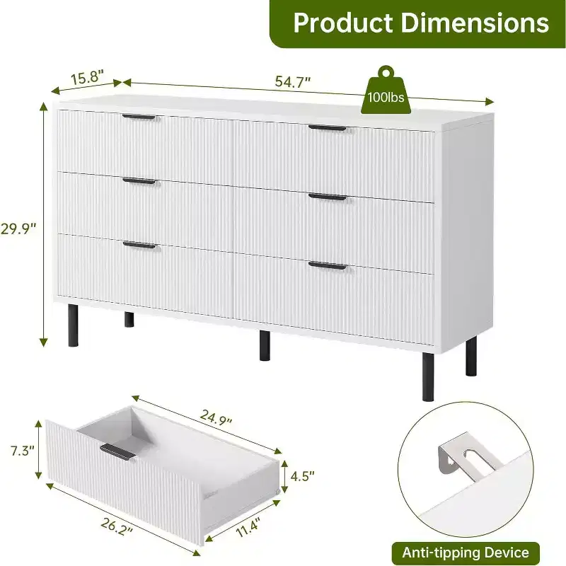 White & Wood Grain Fluted 6-Drawer Dresser with Metal Feet, Anti-Tip Design