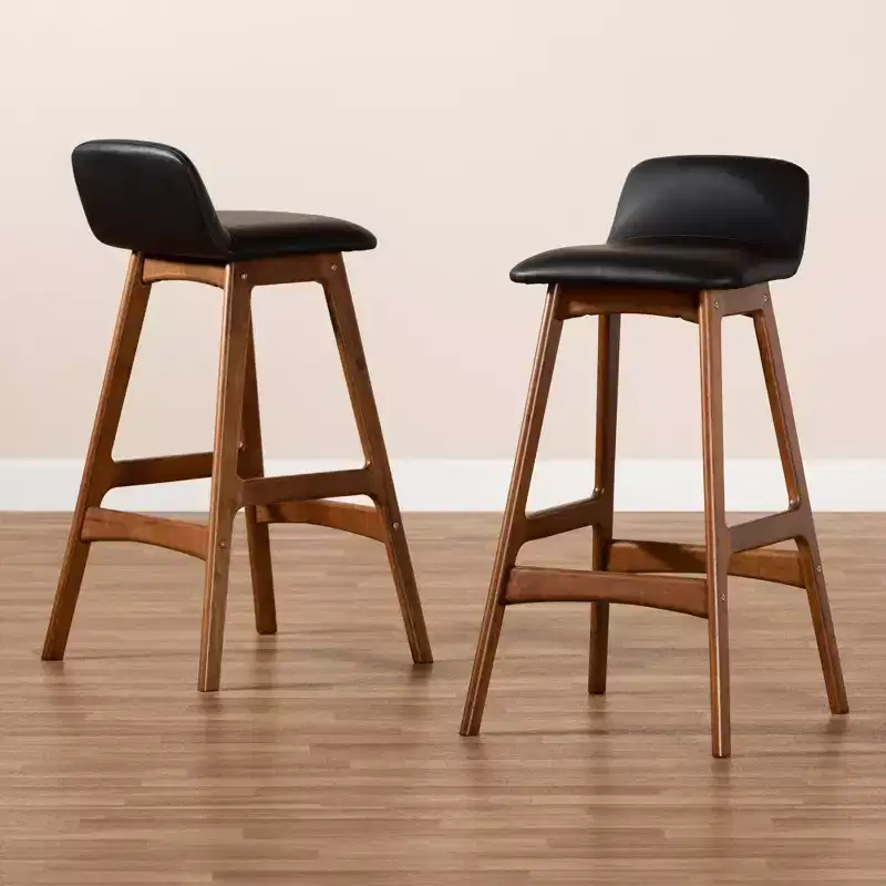 Baxton Studio 2pc Darrin Faux Leather and Wood Barstools Black/Walnut/Brown: Upholstered Oval Seat, 30" Fixed Height
