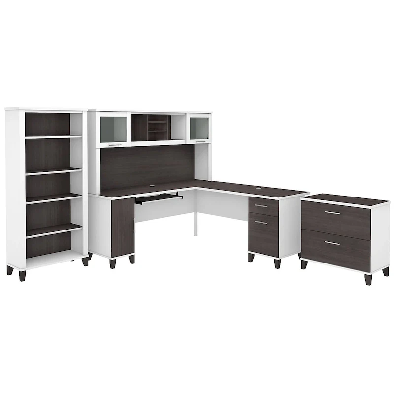 Somerset 72W L Shaped Desk with Hutch, Cabinet and Bookcase in Gray