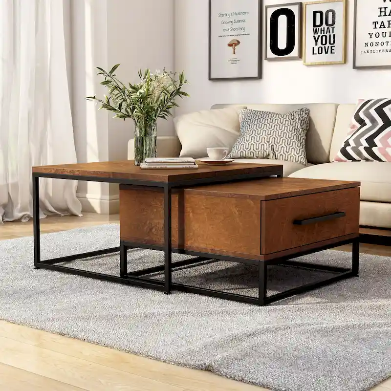Saxon Rustic Brown Square 2-Piece Solid Wood Coffee Nesting Tables with 1-Drawer by Furniture of America