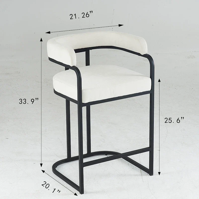 Fabric Upholstered Bar Stools Set of 2, Counter Height Bar Stools with Barrel Back, Dining Chair with Metal Frame and Arms