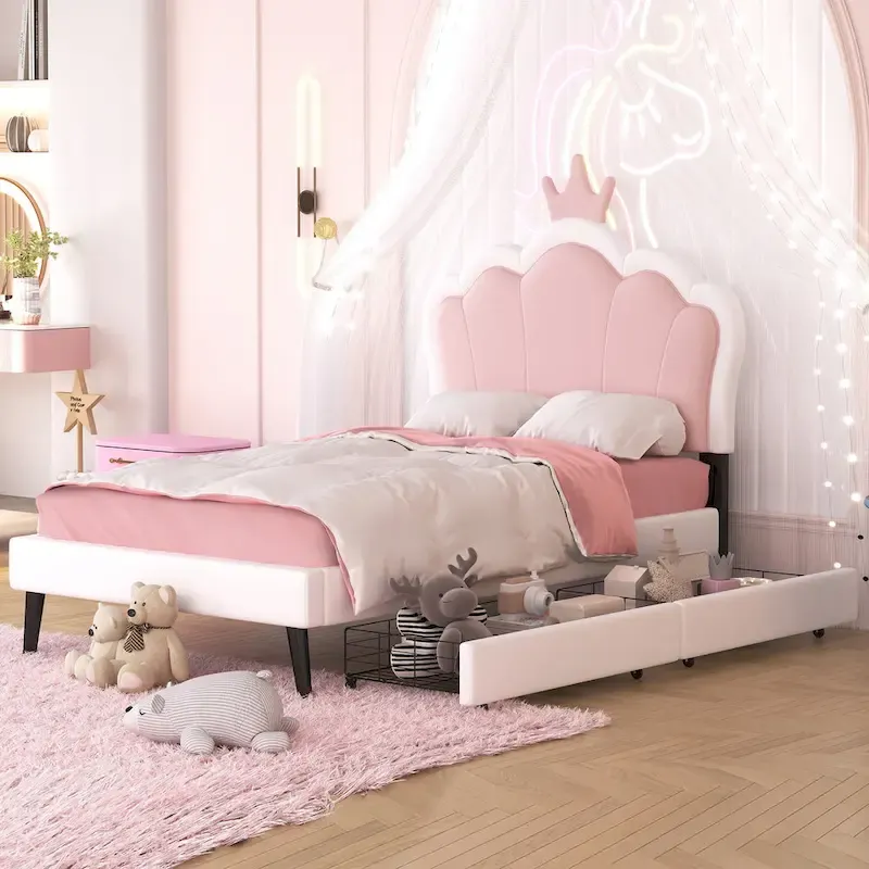 Upholstered Princess Bed with Crown Headboard & Drawers