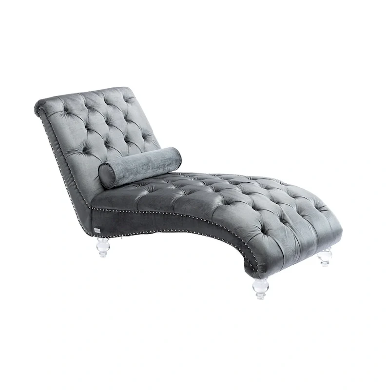 Button-Tufted Upholstered Velvet Recliner Chaise with Pillow and Acrylic Feet