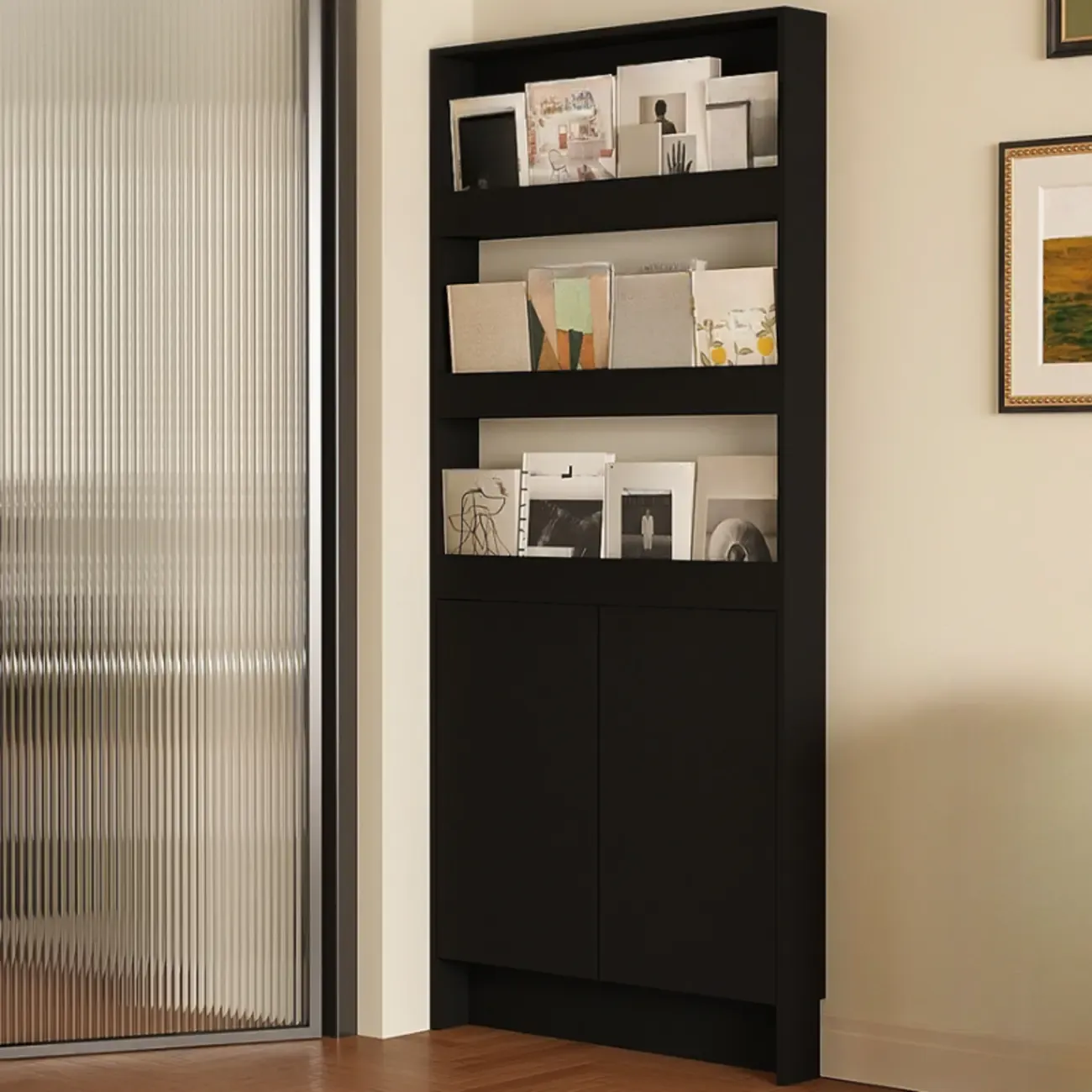 Slim Black 5-Tier Open Back Wood Bookcase with Cabinet