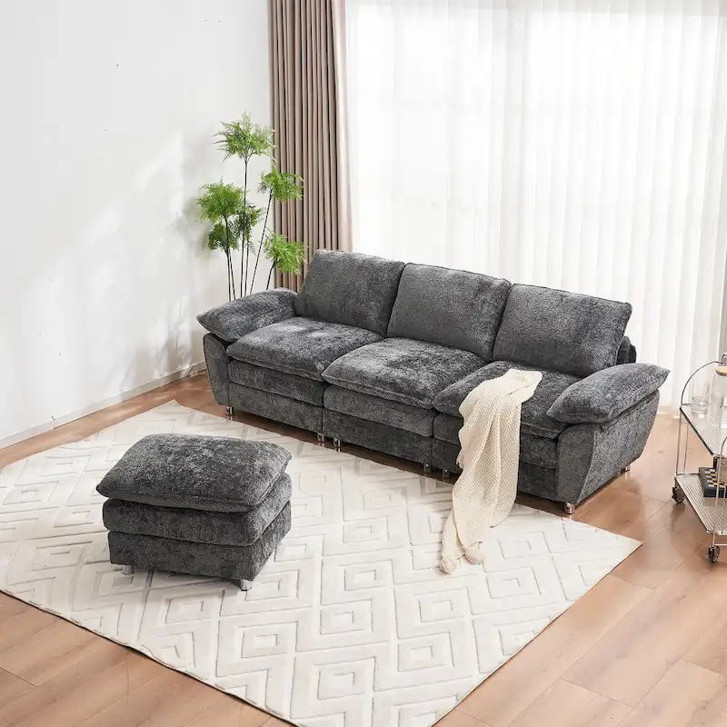 Modern Deep 3-Seat Sofa Couch with Ottoman