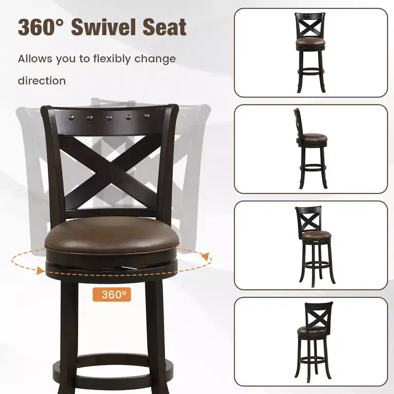 31 Swivel Bar Stool Bar Height PU Leather Seat Rubber Wood Legs Footrest