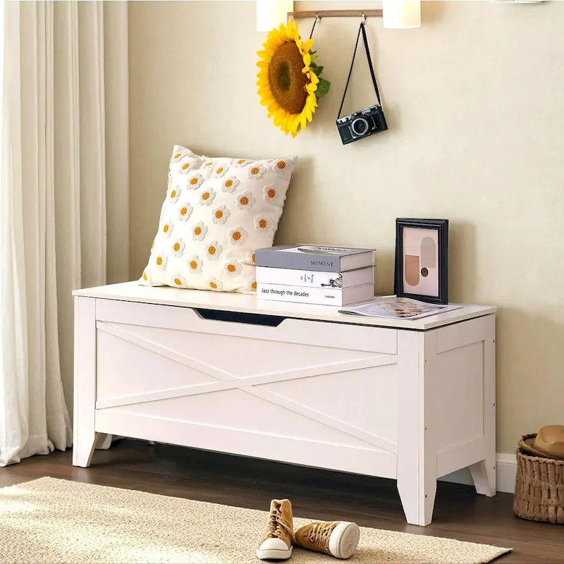 VECELO Storage Bench, Wooden Chest for Storage with Wicker Mat Safety Hinges,Entryway Shoe Bench Storage Trunk Industrial Style