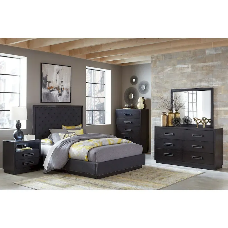 Charcoal Finish 6pc Master Bedroom Set Bed 2x Nightstands Dresser Mirror Chest