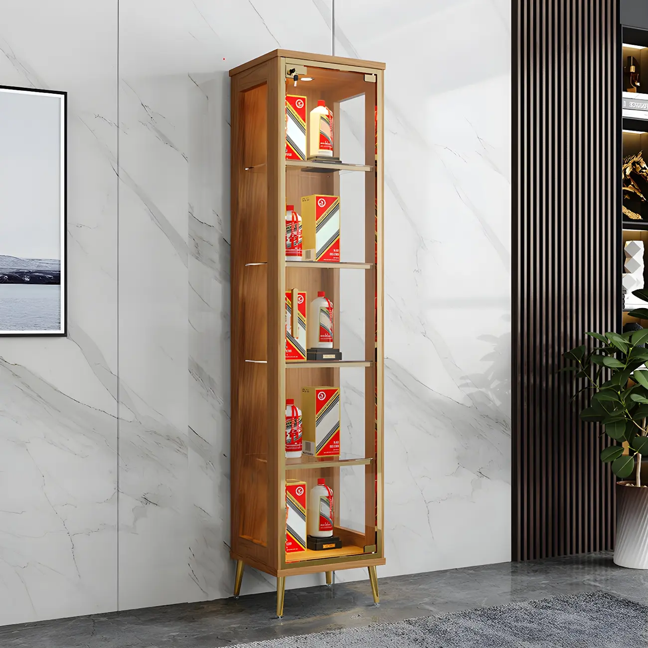 Glam Black Wooden Glass Display Cabinet