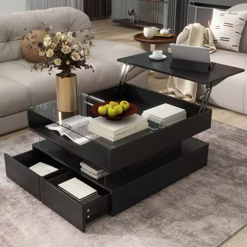 Black / White Square Lift-Top Coffee Table with LED Lights & Drawers, Single