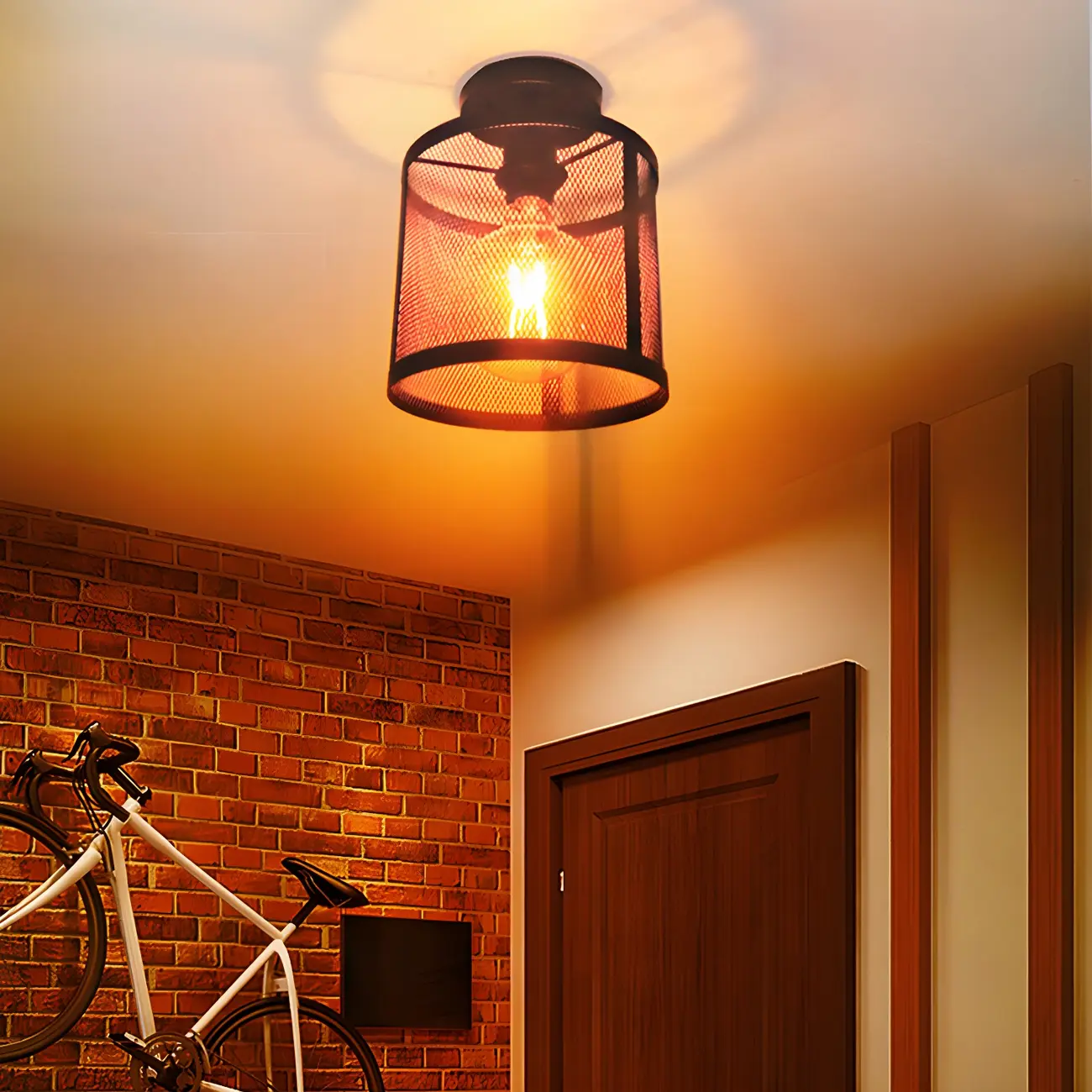 Industrial Black Iron Mesh Cylinder Semi Flush Ceiling Light