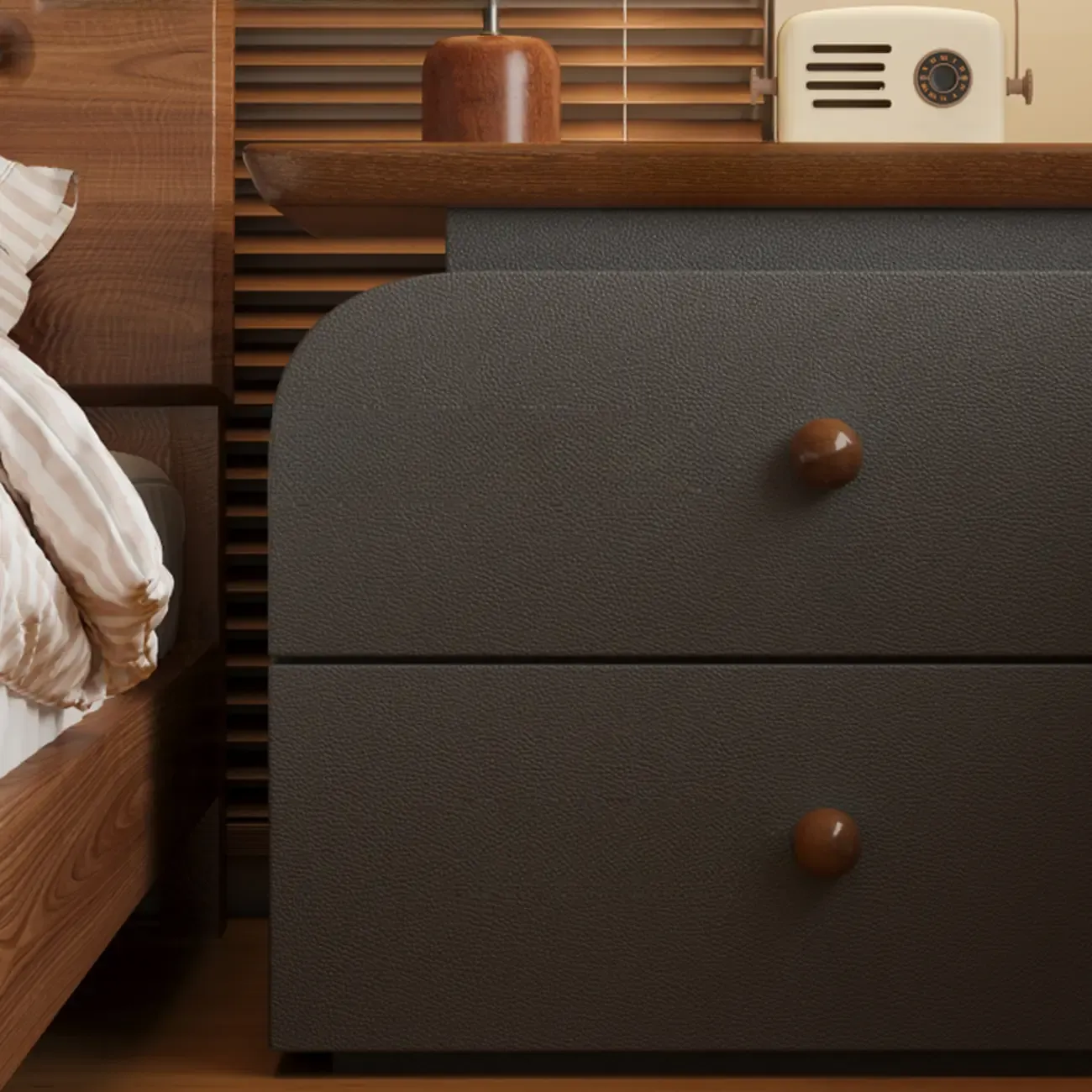 Faux Leather Modern Nightstand Wood Countertop