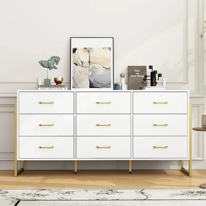 Versatile 9-Drawer Dresser - Sleek Black & Gold, Premium Quality Chest