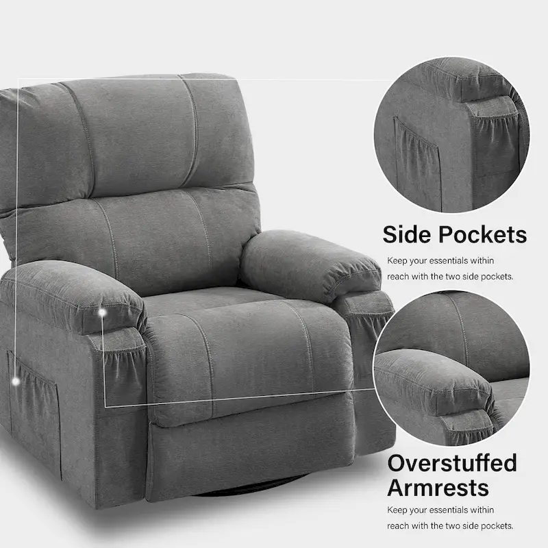 360 Swivel Manual Recliner Single Sofa Chair Fabric Lounge Chair with Pull Out Footrest and Side Pockets