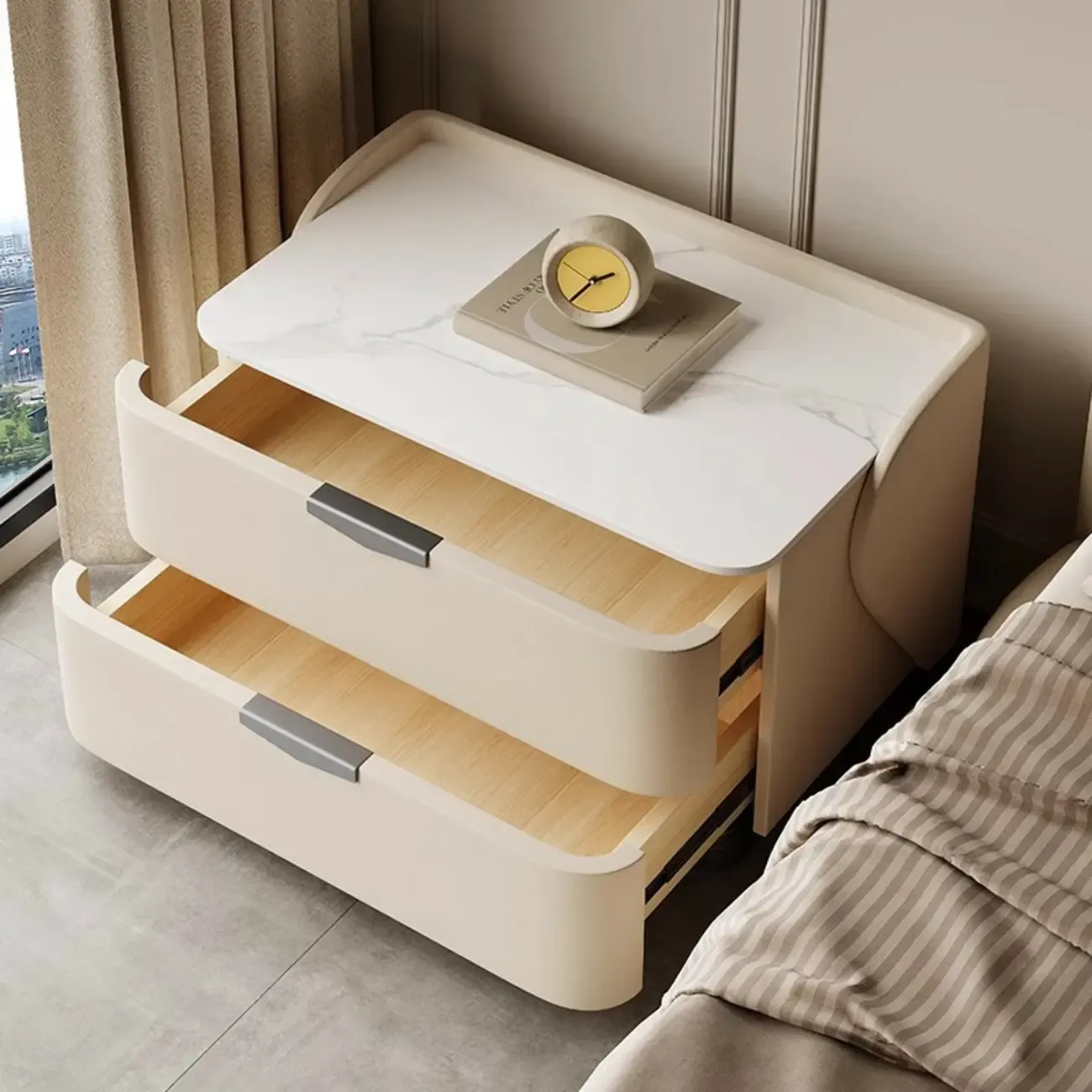 Modern Leather Stone Top Soft-Touch 2-Drawer Nightstand