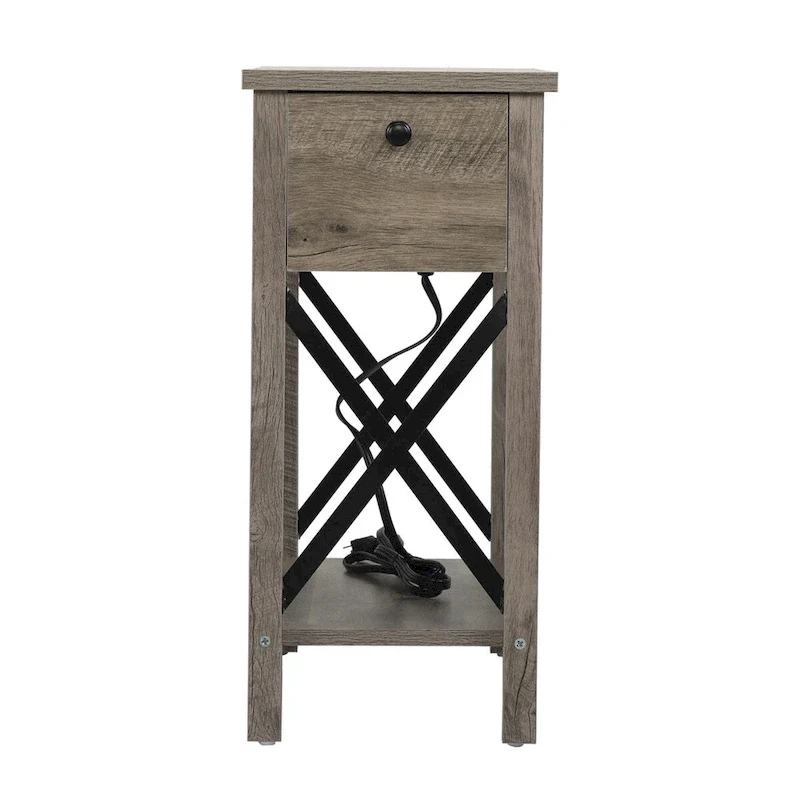 Farmhouse Flip Top Nightstand End Table W/Drawer 2AC Outlets 2USB