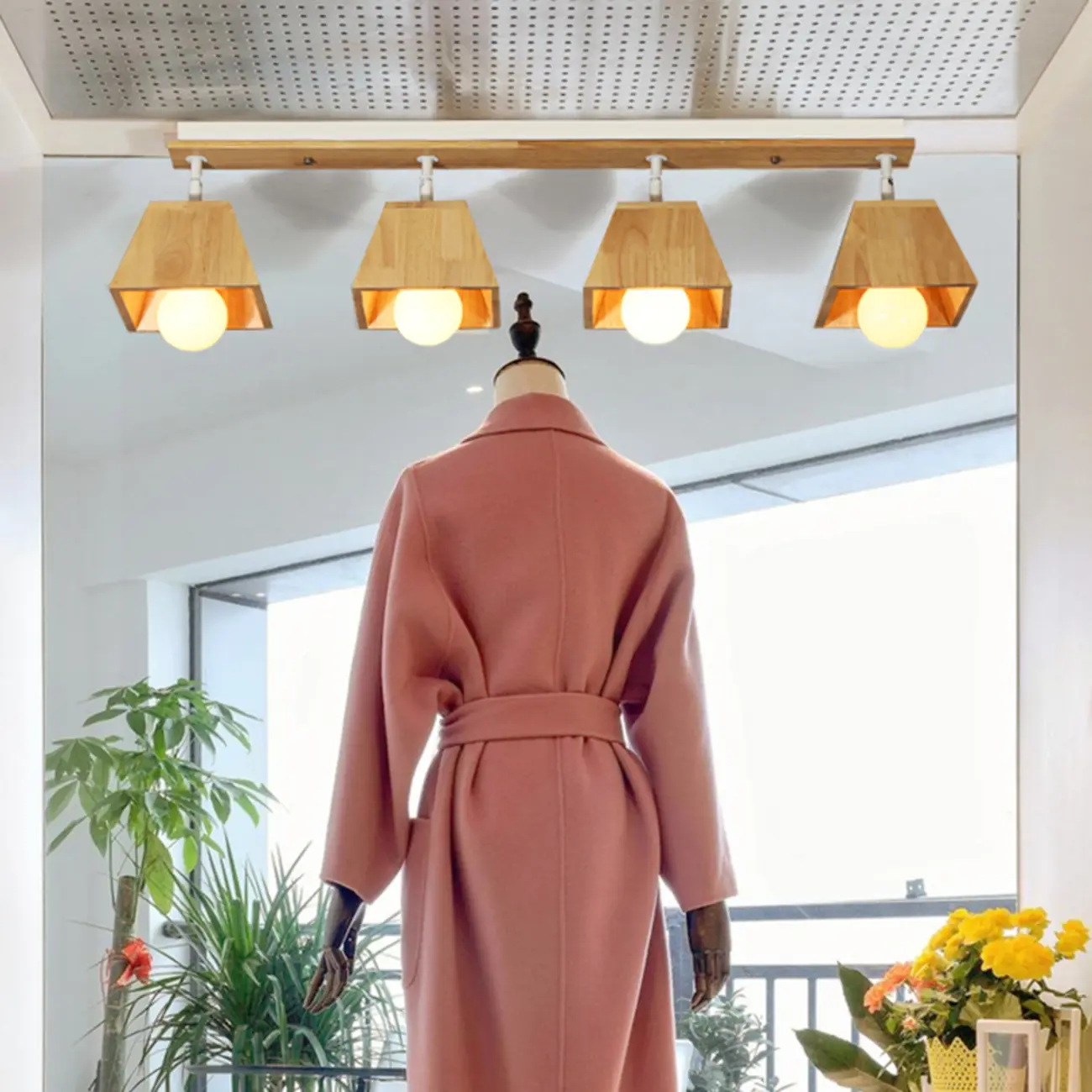 4-Light Wood Fixed Track Lighting Modern LED Adjustable Head