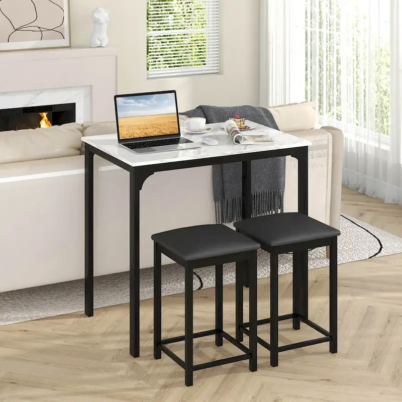 Costway 3 Piece Counter Height Dining Set Faux Marble Table 2 Chairs