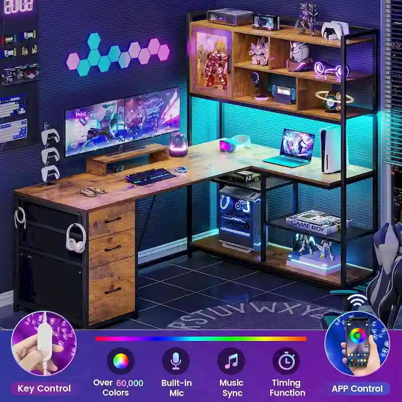 L Shaped Computer Desk 58 Office Desk with 3 Drawers and Bookshelf