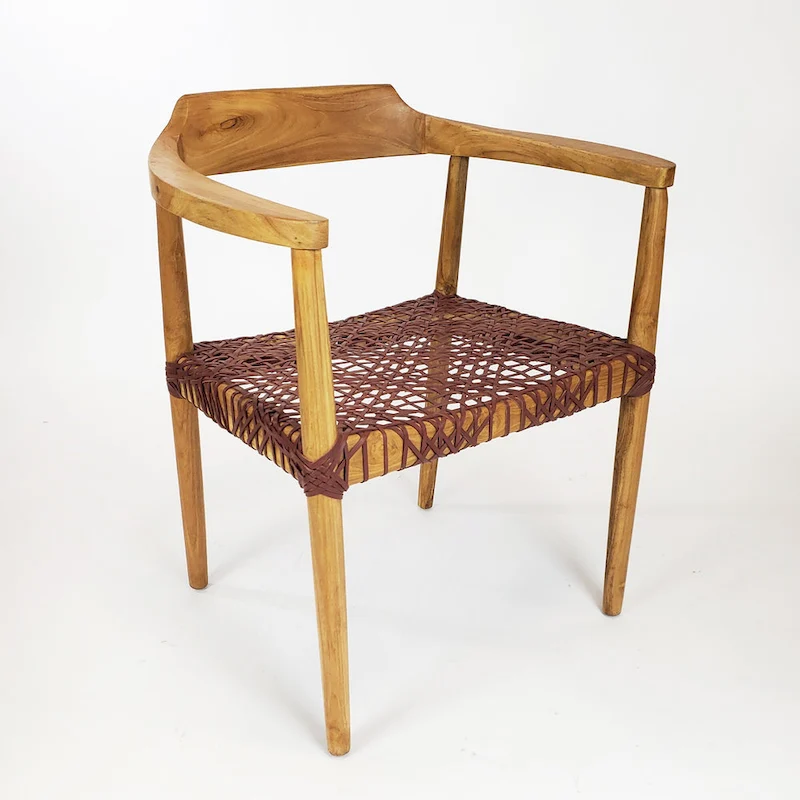 Erline Teak Wood Weaved Leather Seat Accent Chair Armchair