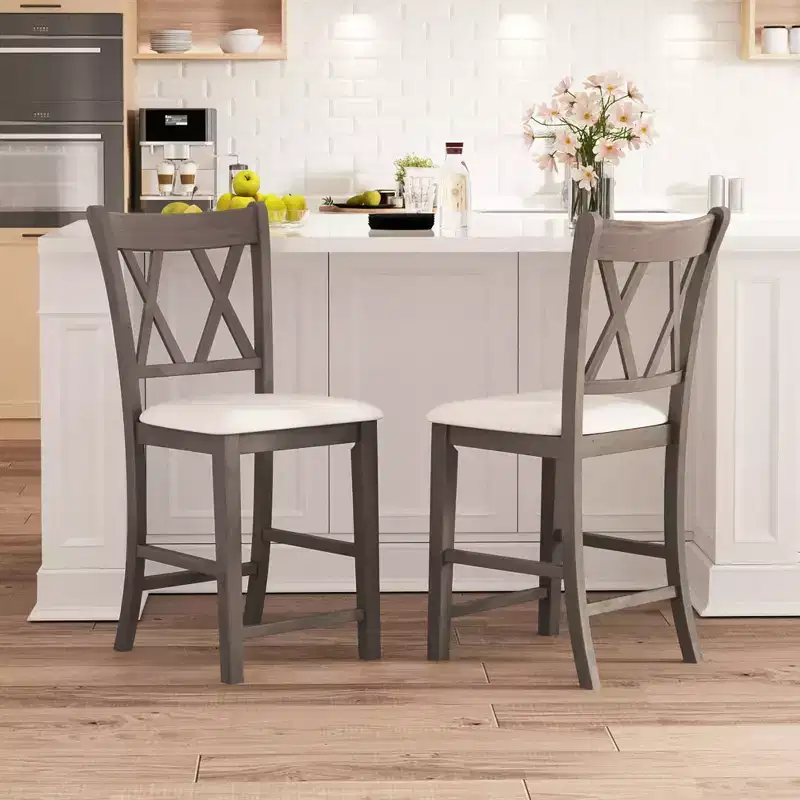 2PCS Bar Stools 24 Counter Height Stools w/ Linen Fabric Upholstered Seat Gray