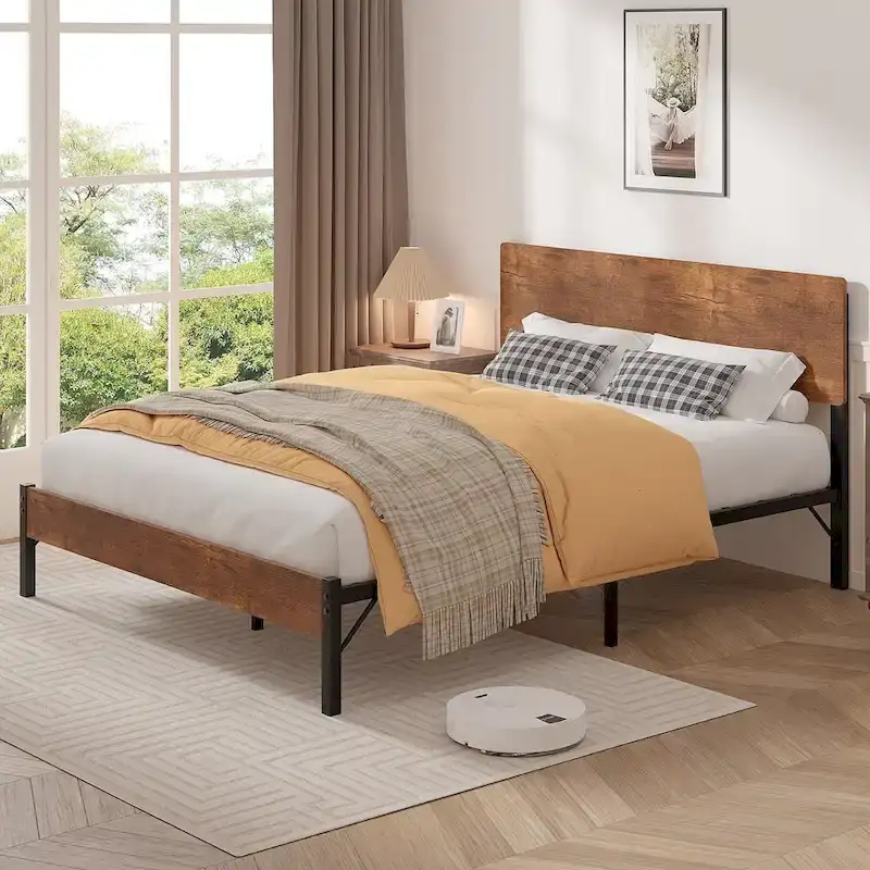 Javlergo Elegant Iron Queen Bed Frame with MDF Headboard & Footboard - Modern Industrial Style