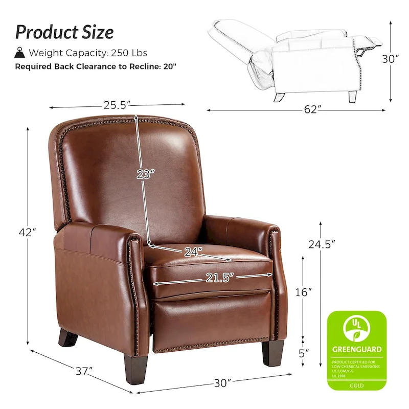 Gladis Modern Retro Genuine Leather Recliner with Nailhead Trim by HULALA HOME