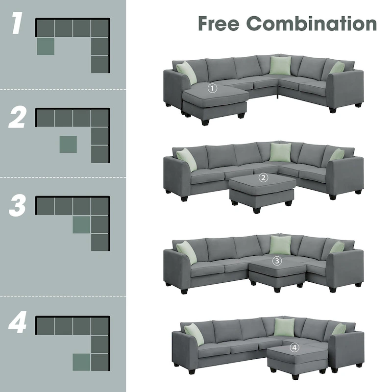 112*87  Sectional Sofa Couches Living Room Sets 7 Seats Modular Sectional Sofa with 3 Pillows, Grey