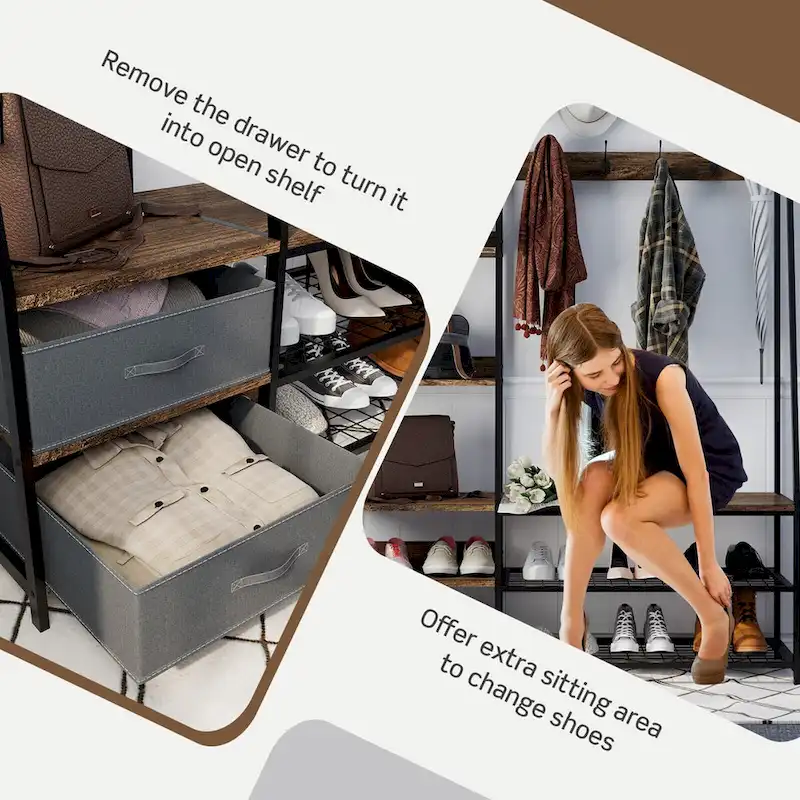 Gymax 6-in-1 Freestanding Hall Tree Coat Rack w/ Bench & Fabric