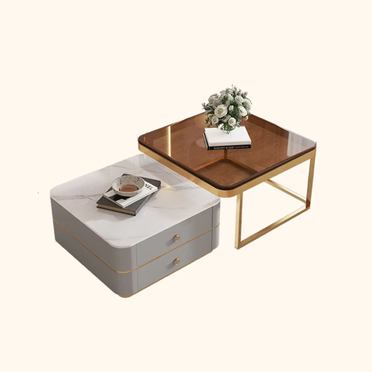 Modern Rectangular Marble Coffee Table Set with Drawers