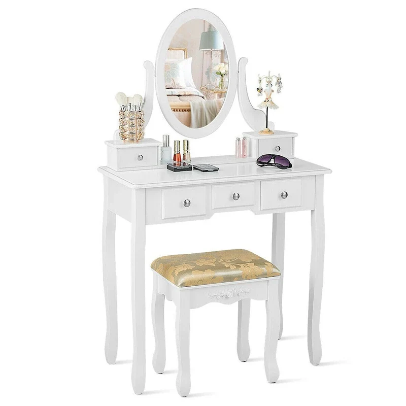 Costway Vanity Table Dressing Table 5 Make Up Table Stool