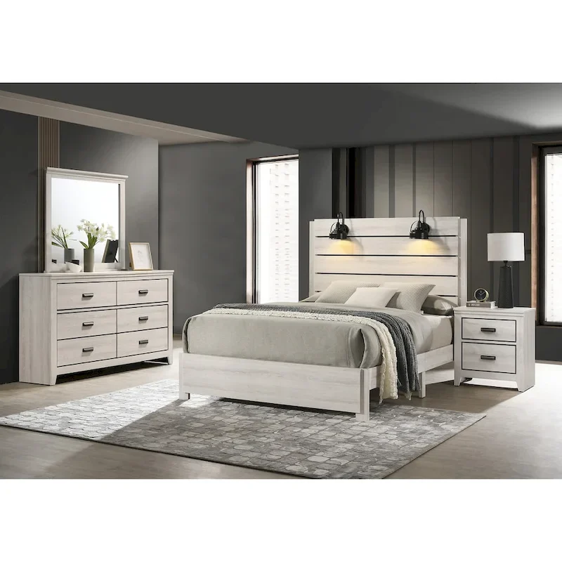 Edyth 5 Piece White LED Panel Bedroom Set