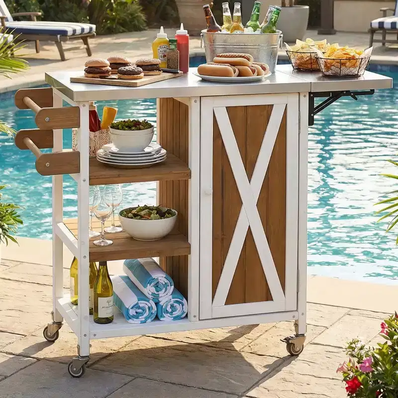 Brown / Grey / Natural Foldable Outdoor Kitchen Island with Storage – 1-Person