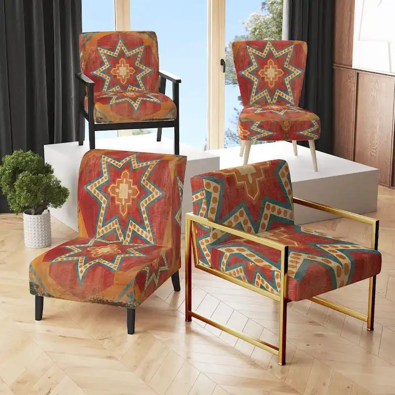 Designart Moroccan Orange Tiles Collage I Upholstered Bohemian Chic Accent Chair - Arm Chair