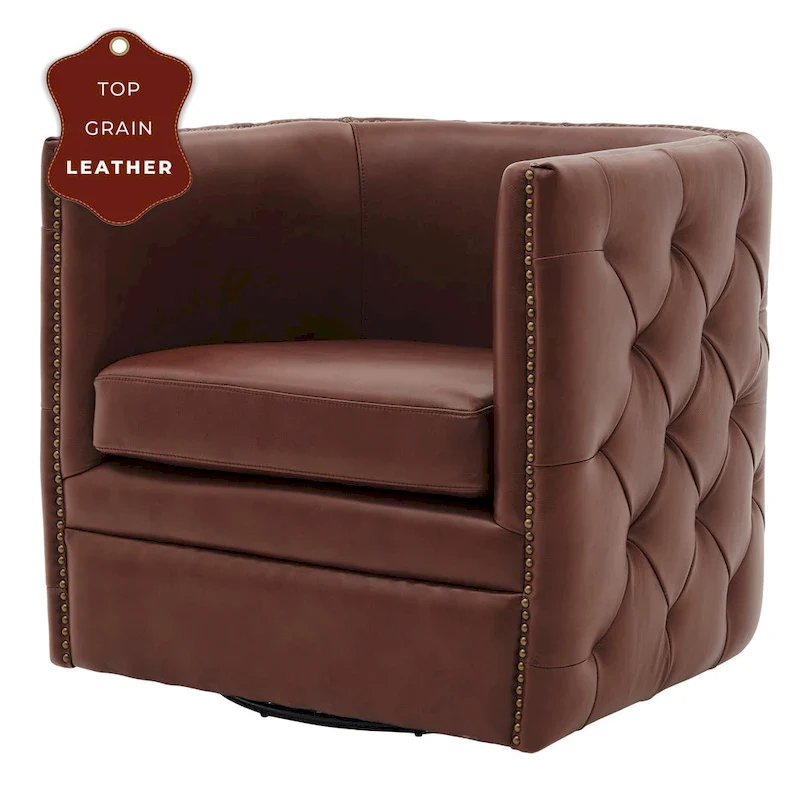 Leslie Top Grain Leather Swivel Tufted Chair